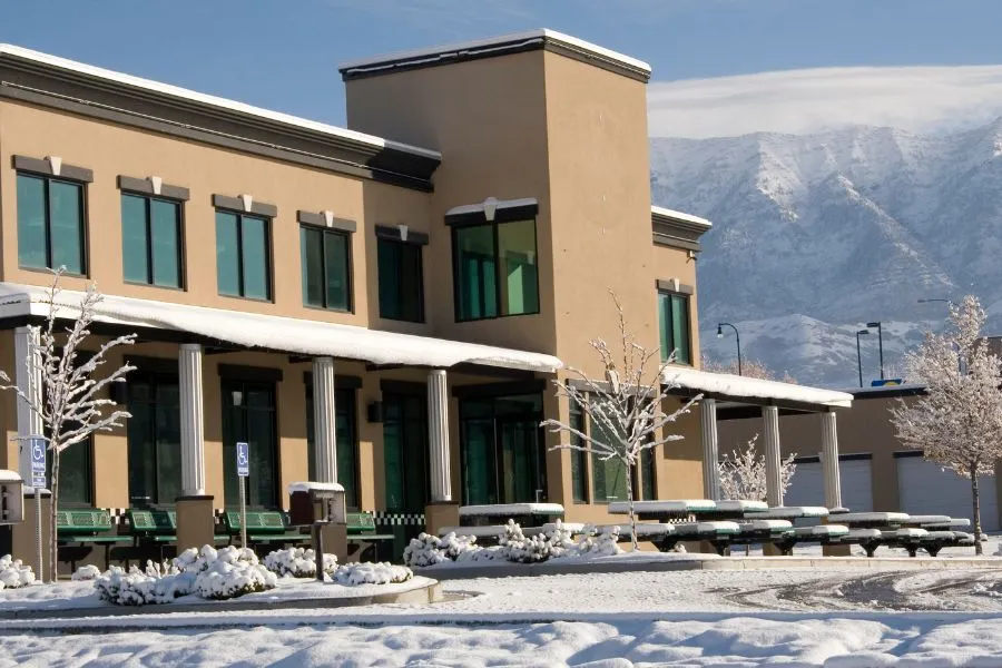 Office Buildings with snow accumulation in front